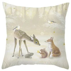 Niedlicher Kissenbezug aus Plüsch mit Kaninchen und Hirschen – Weihnachtskissenbezug 45 x 45 cm