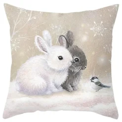 Niedlicher Kissenbezug aus Plüsch mit Kaninchen und Hirschen – Weihnachtskissenbezug 45 x 45 cm