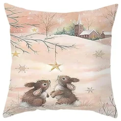 Niedlicher Kissenbezug aus Plüsch mit Kaninchen und Hirschen – Weihnachtskissenbezug 45 x 45 cm