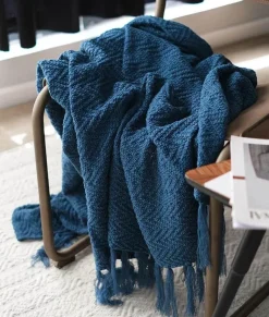 Nordische gestrickte Decke blau Senf gelb Quaste Sofa Teppich Home Dekoration