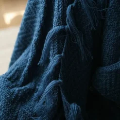 Nordische gestrickte Decke blau Senf gelb Quaste Sofa Teppich Home Dekoration