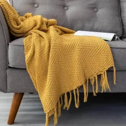 Nordische gestrickte Decke blau Senf gelb Quaste Sofa Teppich Home Dekoration