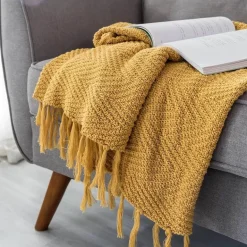 Nordische gestrickte Decke blau Senf gelb Quaste Sofa Teppich Home Dekoration