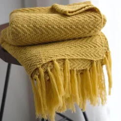 Nordische gestrickte Decke blau Senf gelb Quaste Sofa Teppich Home Dekoration