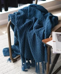 Nordische gestrickte Decke blau Senf gelb Quaste Sofa Teppich Home Dekoration