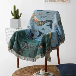 Nordische Meerjungfrau Gestrickte Überwurfdecke - Boho Reisesofadecke