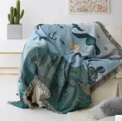 Nordische Meerjungfrau Gestrickte Überwurfdecke - Boho Reisesofadecke