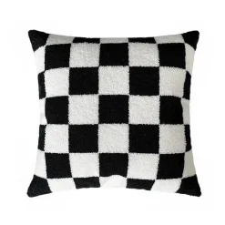 Nordischer Schachbrett-Kissenbezug - Schwarz-Weiß-Plüsch-Kissenbezug