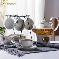 Nordisches Marmor-Teeservice aus Porzellan – elegante Teekanne und Teetassen für Tee und Kaffee