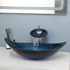Ovales Aufsatzwaschbecken aus gehärtetem Glas mit Wasserfall-Wasserhahn-Kombination