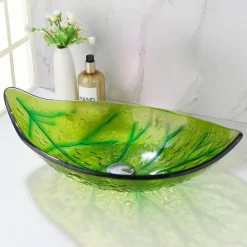 Ovales Aufsatzwaschbecken aus gehärtetem Glas mit Wasserfall-Wasserhahn-Kombination