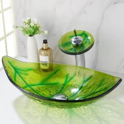Ovales Aufsatzwaschbecken aus gehärtetem Glas mit Wasserfall-Wasserhahn-Kombination