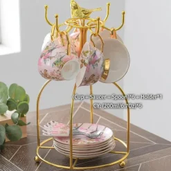 Pink Bird Teeservice – Teekanne, Tassen und Krug aus Bone China