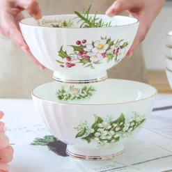 Porzellanschüssel-Set mit Blumenmuster, Goldrand, Monatsthema, 4er-Set