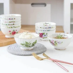 Porzellanschüssel-Set mit Blumenmuster, Goldrand, Monatsthema, 4er-Set