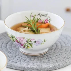 Porzellanschüssel-Set mit Blumenmuster, Goldrand, Monatsthema, 4er-Set