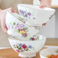 Porzellanschüssel-Set mit Blumenmuster, Goldrand, Monatsthema, 4er-Set