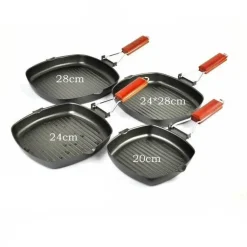 Quadratische antihaftbeschichtete Grillpfanne aus Gusseisen mit klappbarem Holzgriff zum Grillen