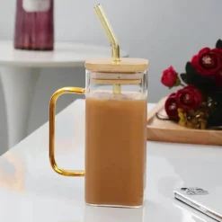 Quadratischer Glasbecher – 400 ml, mikrowellengeeignet, Kaffee- und Bierbecher