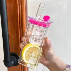 Quadratisches Glasbecher-Set mit Strohhalm – Stilvolles, hitzebeständiges Trinkgeschirr für Milch und Kaffee