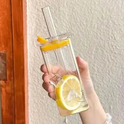 Quadratisches Glasbecher-Set mit Strohhalm – Stilvolles, hitzebeständiges Trinkgeschirr für Milch und Kaffee