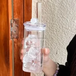 Quadratisches Glasbecher-Set mit Strohhalm – Stilvolles, hitzebeständiges Trinkgeschirr für Milch und Kaffee