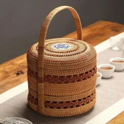 Rattan-Picknicktablett – Doppelstöckiger Mahlzeiten-Organizer