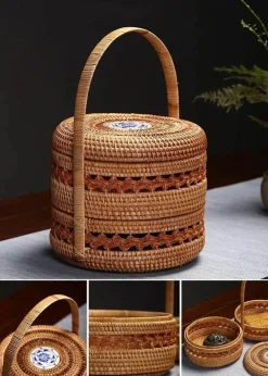 Rattan-Picknicktablett – Doppelstöckiger Mahlzeiten-Organizer