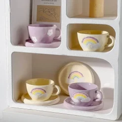 Regenbogen-Kaffeetassen-Set aus Keramik – koreanischer Stil, 250 ml, mit Tablett