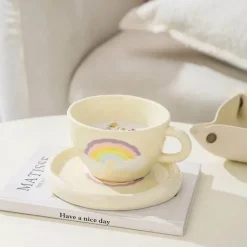 Regenbogen-Kaffeetassen-Set aus Keramik – koreanischer Stil, 250 ml, mit Tablett