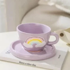Regenbogen-Kaffeetassen-Set aus Keramik – koreanischer Stil, 250 ml, mit Tablett