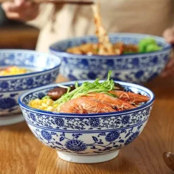 Retro Keramik Nudelschüssel - Blau-Weiß Suppenteller