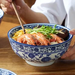 Retro Keramik Nudelschüssel - Blau-Weiß Suppenteller