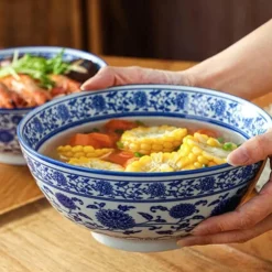 Retro Keramik Nudelschüssel - Blau-Weiß Suppenteller