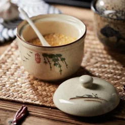 Retro Ramen Schüssel Set - Keramik mit Deckel Essstäbchen Löffel