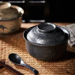 Retro Ramen Schüssel Set - Keramik mit Deckel Essstäbchen Löffel