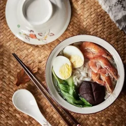 Retro Ramen Schüssel Set - Keramik mit Deckel Essstäbchen Löffel