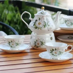 Rosa Kamelien-Teeservice aus Keramik – 500 ml Teekanne mit Untertasse und Stövchen