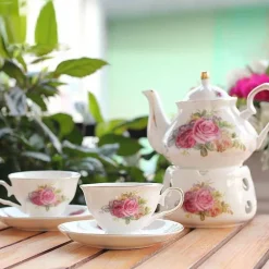 Rosa Kamelien-Teeservice aus Keramik – 500 ml Teekanne mit Untertasse und Stövchen