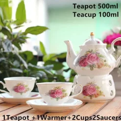 Rosa Kamelien-Teeservice aus Keramik – 500 ml Teekanne mit Untertasse und Stövchen