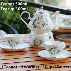 Rosa Kamelien-Teeservice aus Keramik – 500 ml Teekanne mit Untertasse und Stövchen