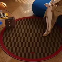 Round Geometric Carpet Mat – Soft Checkerboard Floor Rug