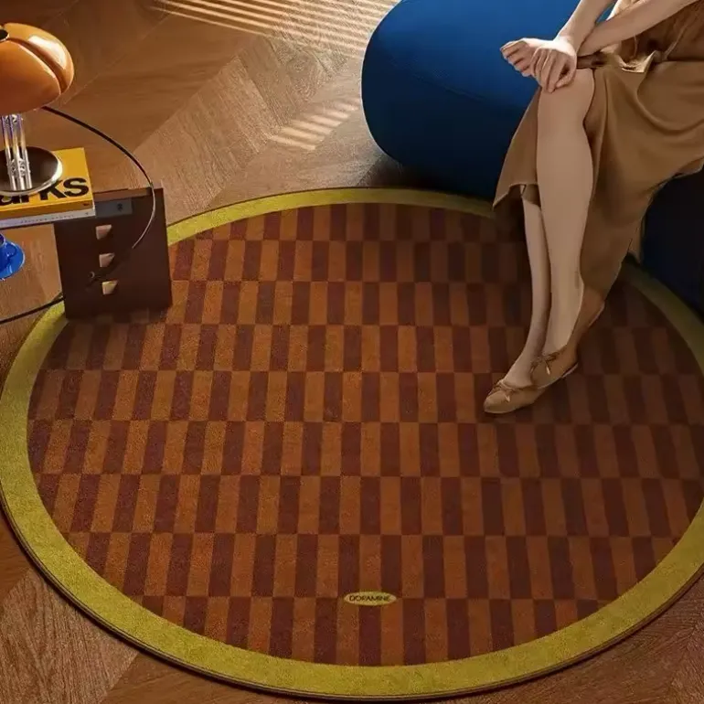 Round Geometric Carpet Mat – Soft Checkerboard Floor Rug