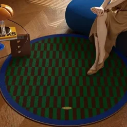Round Geometric Carpet Mat – Soft Checkerboard Floor Rug