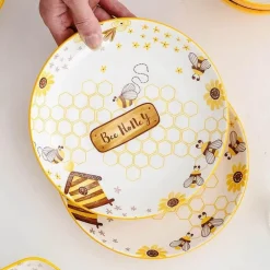 Runder handbemalter Keramikteller mit Bienenmotiv für Obstdesserts