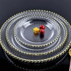 Runder Obstteller aus Glas mit Goldperlen – Elegantes Esszimmerdekor