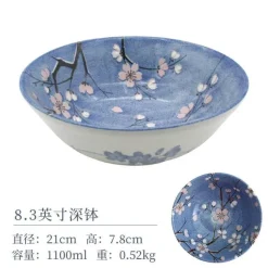 Sakura Blaues Keramik-Essset - Suppenschüssel, flacher Teller