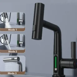 Schlanker moderner Wasserfall-Wasserhahn mit Temperaturanzeige