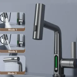 Schlanker moderner Wasserfall-Wasserhahn mit Temperaturanzeige