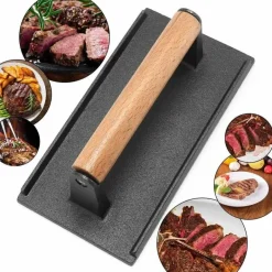 Schweres Steakgewicht aus Gusseisen mit Holzgriff – perfektes BBQ-Kochwerkzeug zum Grillen